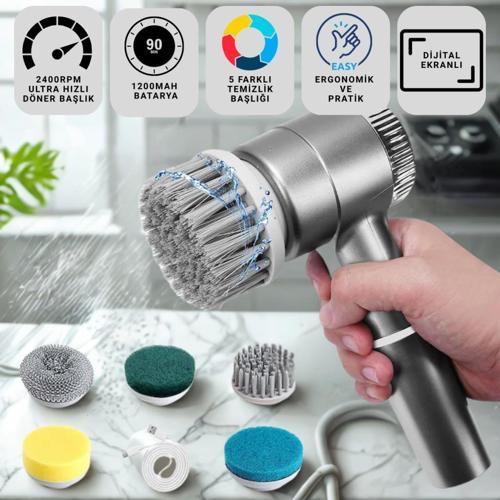 2400RPM Hızlı Şarjlı Değiştirilebilir 5 Başlıklı Profesyonel Temizlik Fırçası Mutfak Lavabo Banyo Temizlik Fırça