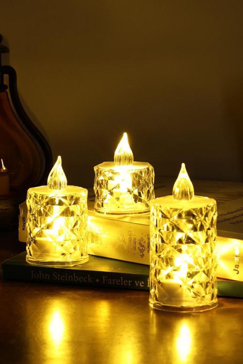 3’lü Elmas Kristal Desenli LED Mum Seti Pilli Dumansız Alevli Dekoratif Yapay Mum