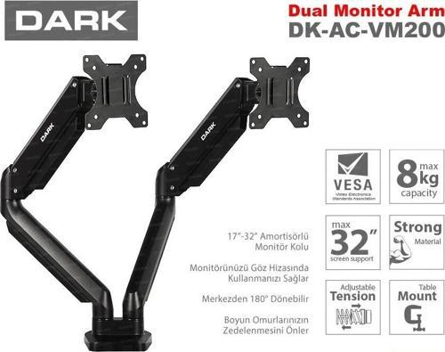 17/32" DK-AC-VM200 Hareketli Siyah 2 kollu dikey Monitör Askı Aparatı