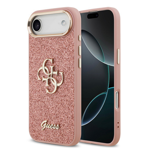 İphone 17 Air Kılıf Lisanslı 4G Büyük Metal Kamera Çerçeveli Ve Logolu Glitter Kapak Pembe