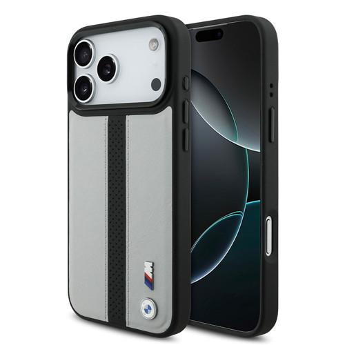İphone 17 Pro Uyumlu Kılıf Lisanslı M-Safe Şarjlı Deri Metal Logolu Delikli Şerit Kapak Gri