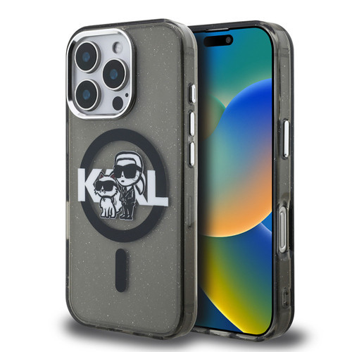 İphone 16 Pro Kılıf Lisanslı Parlayan Simli Karl & Choupette Sketch Logo Kapak Siyah