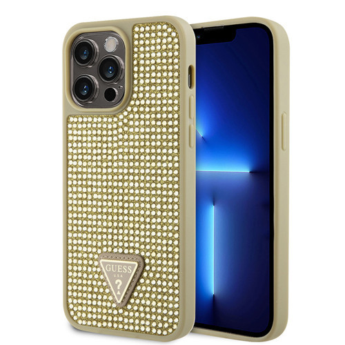 İphone 14 Pro Max Uyumlu Kılıf Lisanslı Taşlı Arka Yüzey Üçgen Logolu Kapak Gold