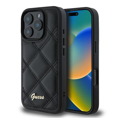 İphone 16 Pro Max Uyumlu Kılıf Orjinal Lisanslı Pu Deri Metal Yazı Logolu Kapitone Kapak Siyah