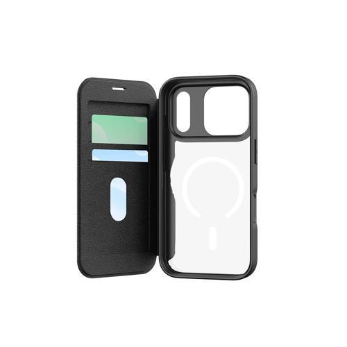İphone 17 Pro Uyumlu Kılıf M-Safe Şarjlı Air Folio Şeffaf Kartlıklı Kapaklı Kılıf Siyah