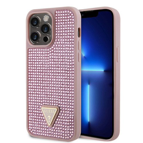 İphone 14 Pro Max Uyumlu Kılıf Lisanslı Taşlı Arka Yüzey Üçgen Logolu Kapak Pembe