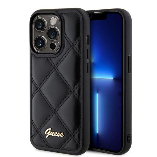 İphone 14 Pro Max Uyumlu Kılıf Orjinal Lisanslı Pu Deri Metal Yazı Logolu Kapitone Kapak Siyah