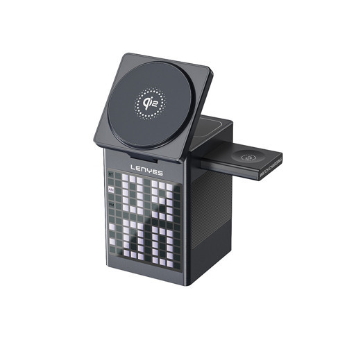PW320 15W 6in1 Kablosuz Şarj Standı Qi2 Teknolojili Alarmlı Speaker Özellikli Gri