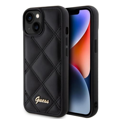 İphone 15 Uyumlu Kılıf Orjinal Lisanslı Pu Deri Metal Yazı Logolu Kapitone Kapak Siyah