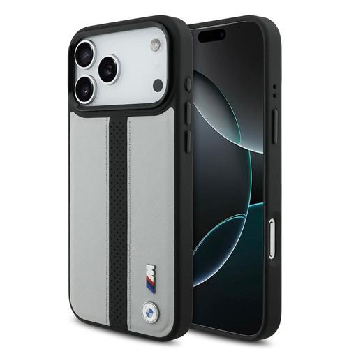 İphone 17 Pro Max Uyumlu Kılıf Lisanslı M-Safe Şarjlı Deri Metal Logolu Delikli Şerit Kapak Gri