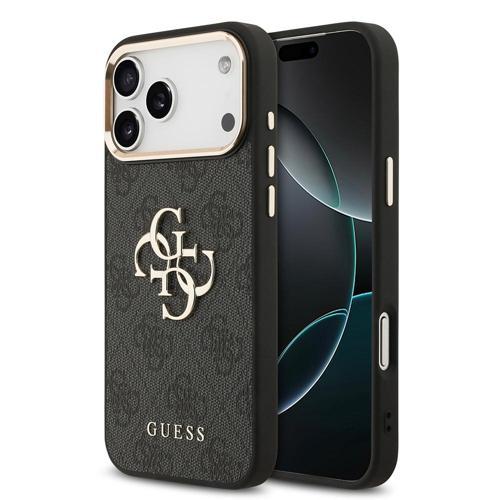 İphone 17 Pro Max Kılıf Lisanslı Gold Metal Kamera Çerçeveli Metal Büyük 4G Yazı Logolu Siyah