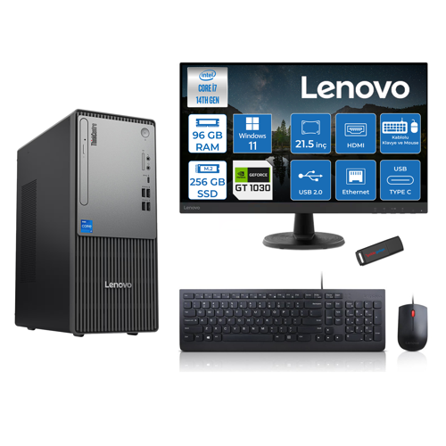 Thinkcentre Neo 50T Gen5 Intel Core I7 14700 96GB Ddr5 256GB SSD 21.5 Inç Monitör Windows 11 Home Nvidia GT1030 4gb Masaüstü Bilgisayar 10302112UAS0GL00H26 + Zetta Flash Bellek