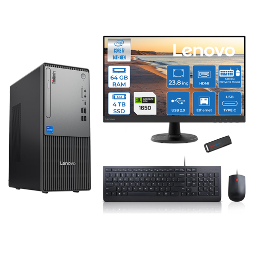 Thinkcentre Neo 50T Gen5 Intel Core I7 14700 64GB Ddr5 4tb SSD 23.8 Inç Monitör Freedos Nvidia GTX1650 4gb Masaüstü Bilgisayar 16502412UAS0GL00F25 + Zetta Flash Bellek