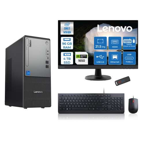 Thinkcentre Neo 50T Gen5 Intel Core I7 14700 96GB Ddr5 4tb SSD 21.5 Inç Monitör Freedos Nvidia GTX1650 4gb Masaüstü Bilgisayar 16502112UAS0GL00F30 + Zetta Flash Bellek