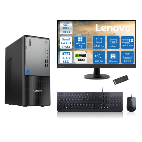 Thinkcentre Neo 50T Gen5 Intel Core I7 14700 64GB Ddr5 4tb SSD 23.8 Inç Monitör Windows 11 Home Quadro T1000 4gb Masaüstü Bilgisayar 10002412UAS0GL00H25 + Zetta Flash Bellek