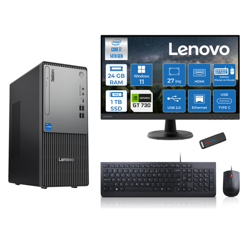 Thinkcentre Neo 50T Gen5 Intel Core I7 14700 24GB Ddr5 1tb SSD 27 Inç Monitör Windows 11 Pro Nvidia GT730 4gb Masaüstü Bilgisayar 7302712UAS0GL00P08 + Zetta Flash Bellek