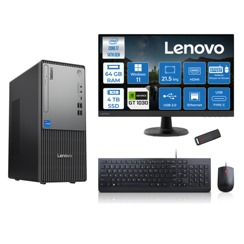 Thinkcentre Neo 50T Gen5 Intel Core I7 14700 64GB Ddr5 4tb SSD 21.5 Inç Monitör Windows 11 Home Nvidia GT1030 4gb Masaüstü Bilgisayar 10302112UAS0GL00H25 + Zetta Flash Bellek