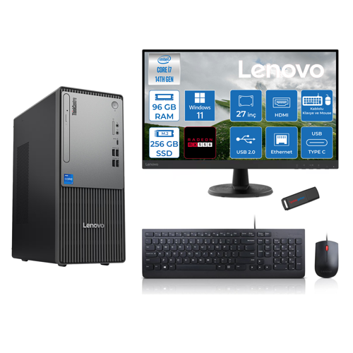 Thinkcentre Neo 50T Gen5 Intel Core I7 14700 96GB Ddr5 256GB SSD 27 Inç Monitör Windows 11 Home Radeon RX550 4gb Masaüstü Bilgisayar 5502712UAS0GL00H26 + Zetta Flash Bellek