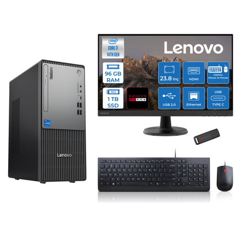 Thinkcentre Neo 50T Gen5 Intel Core I7 14700 96GB Ddr5 1tb SSD 23.8 Inç Monitör Freedos Radeon RX550 4gb Masaüstü Bilgisayar 5502412UAS0GL00F28 + Zetta Flash Bellek