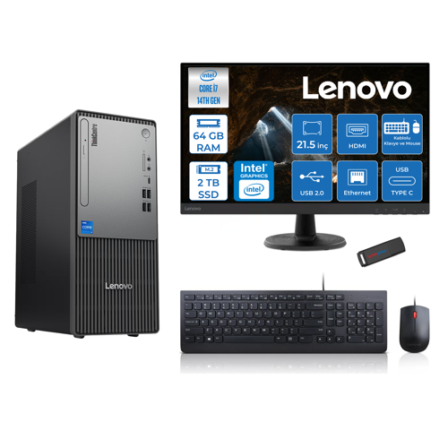 Thinkcentre Neo 50T Gen5 Intel Core I7 14700 64GB Ddr5 2tb SSD 21.5 Inç Monitör Freedos Intel UHD 770 Masaüstü Bilgisayar 2112UAS0GL00F24 + Zetta Flash Bellek