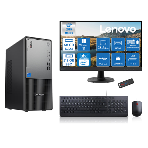 Thinkcentre Neo 50T Gen5 Intel Core I7 14700 48GB Ddr5 512GB SSD 23.8 Inç Monitör Windows 11 Pro Intel UHD 770 Masaüstü Bilgisayar 2412UAS0GL00P17 + Zetta Flash Bellek