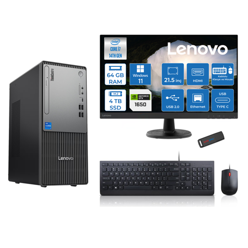 Thinkcentre Neo 50T Gen5 Intel Core I7 14700 64GB Ddr5 4tb SSD 21.5 Inç Monitör Windows 11 Home Nvidia GTX1650 4gb Masaüstü Bilgisayar 16502112UAS0GL00H25 + Zetta Flash Bellek