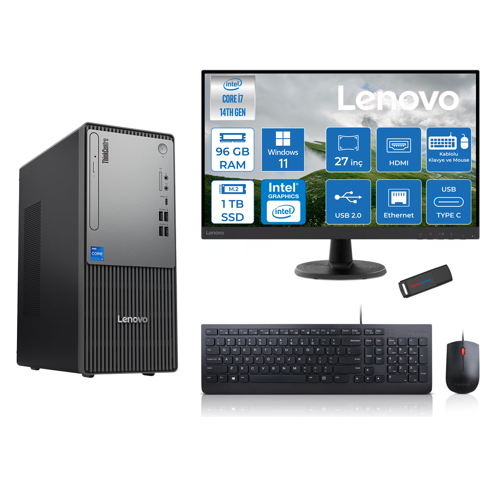 Thinkcentre Neo 50T Gen5 Intel Core I7 14700 96GB Ddr5 1tb SSD 27 Inç Monitör Windows 11 Pro Intel UHD 770 Masaüstü Bilgisayar 2712UAS0GL00P28 + Zetta Flash Bellek
