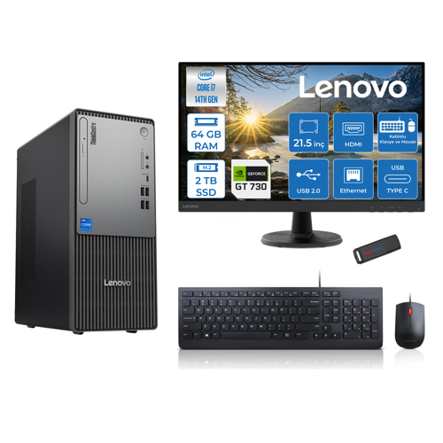 Thinkcentre Neo 50T Gen5 Intel Core I7 14700 64GB Ddr5 2tb SSD 21.5 Inç Monitör Freedos Nvidia GT730 4gb Masaüstü Bilgisayar 7302112UAS0GL00F24 + Zetta Flash Bellek
