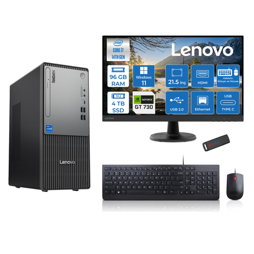 Thinkcentre Neo 50T Gen5 Intel Core I7 14700 96GB Ddr5 4tb SSD 21.5 Inç Monitör Windows 11 Pro Nvidia GT730 4gb Masaüstü Bilgisayar 7302112UAS0GL00P30 + Zetta Flash Bellek
