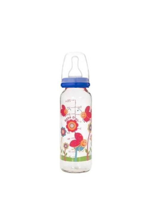 31302 Desenli Cam Biberon 250 Ml - Mavi Kapaklı Uğur Böceği