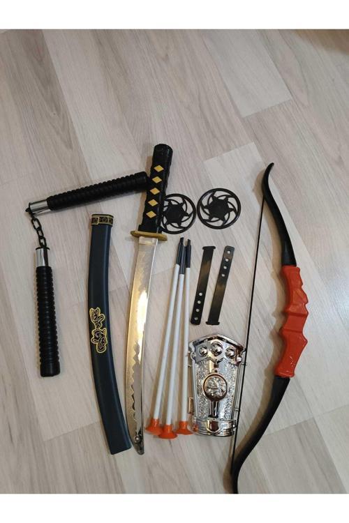 Ninja Samuray Dövüş Savaş Seti Ok Yay Kılıç Kalkan Mınçıka Ninja Yıldız Fırlatma Bıçağı 10 Parça