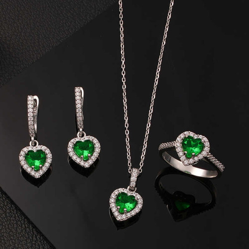 Gümüş Yeşil Taşlı Kalpli Kadın Set SL6051