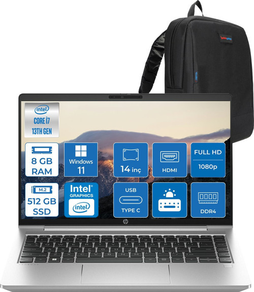 Probook 440 G10 Intel Core I7 1355U 8gb 512GB SSD Iris® Xe Graphics Windows 11 Pro 14" IPS Fullhd (1920X1080) 250NITS Taşınabilir Bilgisayar 968L9ETP02 + Zetta Çanta
