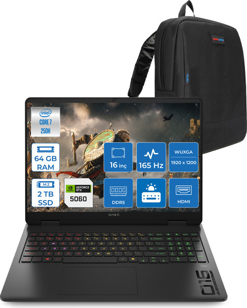 Omen Gaming Laptop Intel Core 7 250H Aı 64GB Ddr5 2tb SSD 8GB/RTX5060 Gddr7 16" 165 Hz, 3 Ms IPS 400 Nits IPS 2k (1920 x 1200 Freedos Gaming BILG.BQ9A8EAF19+ZETTAÇANTA
