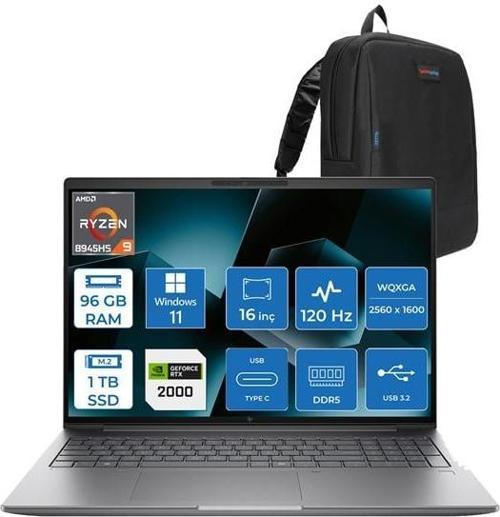 Mws Zbook Power 16 G11A Ryzen 9 8945HS 96GB Ddr5 1tb SSD 8GB/RTX2000 16" Wqxga 120Hz IPS 400NITS Windows 11 Pro Taşınabilir Bilgisayar 8T0S3EAH22 + Zettaçanta