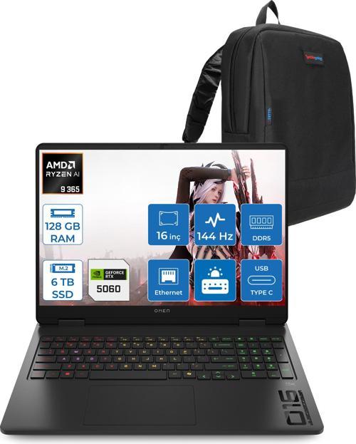 Omen 16-AP0020NT Amd Ryzen Aı 9 365 128GB Ddr5 6tb SSD RTX5060 8gb Gddr7 16 Inç Wuxga (1920 x 1200) 144Hz 300NITS IPS Freedos Taşınabilir Bilgisayar C12CPEAF53 + Zetta Çanta