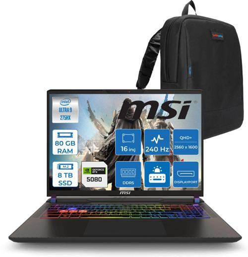 Vector 16 Intel Core Ultra 9 275HX 80GB 4tb + 4tb SSD RTX5080 16GB Tdp 175W Gddr7 Freedos 16" Qhd+ 240Hz Taşınabilir Bilgisayar A2XWIG090XTRF35 + Zetta Çanta