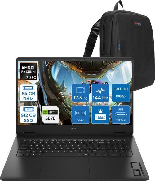 Omen Amd Ryzen™ Aı 7 350 64GB Ddr5 512GB SSD 8GB/RTX5070 Gddr7 17.3 Fhd 144Hz 300NITS IPS 7ms Freedos Taşınabilir Bilgisayar.BQ1Q1EAF17+ZETTAÇANTA
