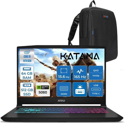 Katana 15 Hx Intel Core I9 14900HX 64GB Ddr5 512GB SSD Freedos RTX5060 8gb 115W 15.6" 2k QHD(2560X1440) 165Hz Taşınabilir Bilgisayar B14WFK450XTRF37 + Zetta Çanta