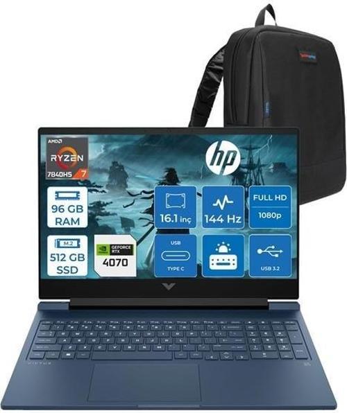 Victus 16-S0007NT Ryzen 7 7840HS 96GB Ddr5 512GB SSD 8GB/RTX4070/120W 16.1" 144Hz IPS Fhd Windows 11 Pro Taşınabilir Bilgisayar HP7Z581EAP24 + Zettaçanta