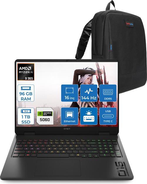 Omen 16-AP0020NT Amd Ryzen Aı 9 365 96GB Ddr5 1tb SSD RTX5060 8gb Gddr7 16 Inç Wuxga (1920 x 1200) 144Hz 300NITS IPS Freedos Taşınabilir Bilgisayar C12CPEAF44 + Zetta Çanta