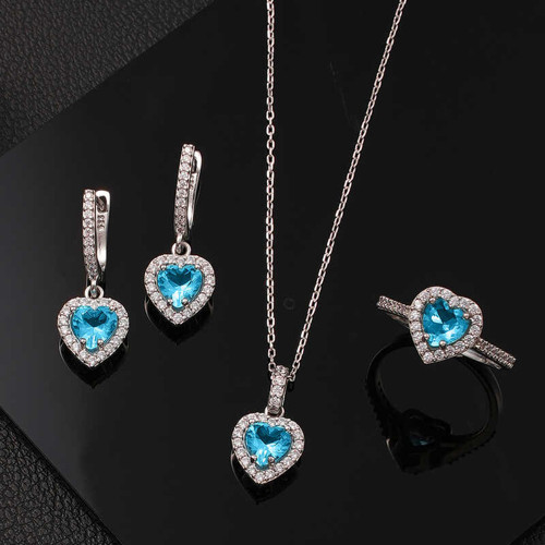 Gümüş Turkuaz Taşlı Kalpli Kadın Set SL6054