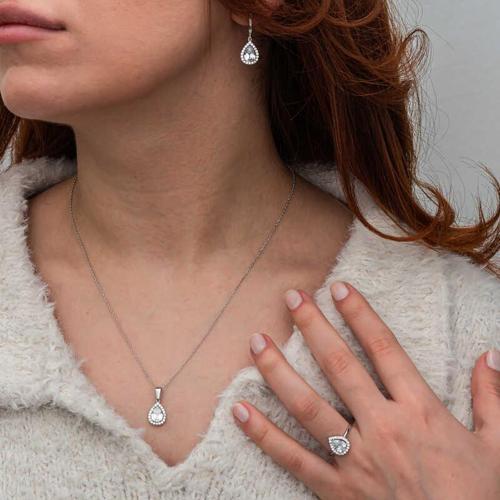 Gümüş Beyaz Zirkon Taşlı Damla Kadın Set  SL10715