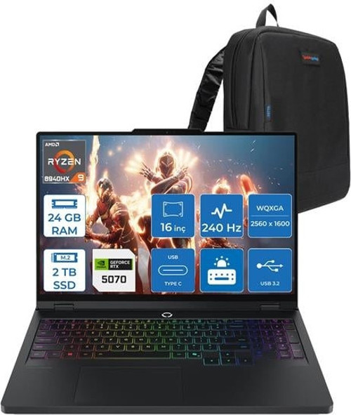 Legion Pro 5 16ADR10 Amd Ryzen 9 8940HX 24GB Ddr5 2tb SSD 8GB/RTX50700/115W 16" Wqxga IPS 500NITS 240Hz Freedos Taşınabilir Bilgisayar 83LT0046TRF07 + Zettaçanta