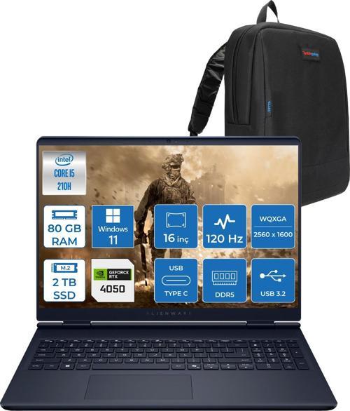 Alienware 16 Aurora Intel Core 5 210H 80GB Ddr5 2tb SSD RTX4050 6gb 85W Windows 11 Pro 16" WQXGA(2560X1600) 120Hz 300NITS Taşınabilir Bilgisayar AC16250P34 + Zetta Çanta