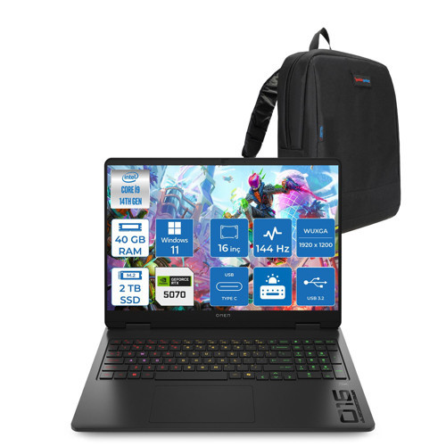 Omen 16-AM0031NT Intel Core I9 14900HX 40GB Ddr5 2tb SSD RTX5070 8gb Gddr7 Windows 11 Pro 16 Inç Wuxga (1920X1200) 144Hz 300NITS IPS Taşınabilir Bilgisayar C39J4EAP21 + Zetta Çanta
