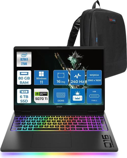 Omen Max 16-AH0037NT Intel Core Ultra 9 275HX 80GB Ddr5 6tb SSD Windows 11 Pro 12GB Nvıdıa RTX5070TI 16 Inç 500NITS 2k Wqxga (2560 x 1600) 240HZ 3ms IPS Siyah C52QYEAP41 + Zetta Çanta