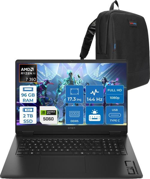Omen 17-DB1015NT Amd Ryzen Aı 7 350 96GB Ddr5 2tb SSD RTX5060 8gb Gddr7 17.3 Inç Fullhd (1920 x 1080) 144Hz 7ms 300NITS IPS Freedos Taşınabilir Bilgisayar C2EZ5EAF45 + Zetta Çanta