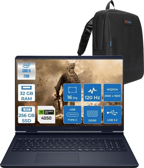 Alienware 16 Aurora Intel Core 5 210H 32GB Ddr5 256GB SSD RTX4050 6gb 85W Freedos 16" WQXGA(2560X1600) 120Hz 300NITS Taşınabilir Bilgisayar AC16250F11 + Zetta Çanta