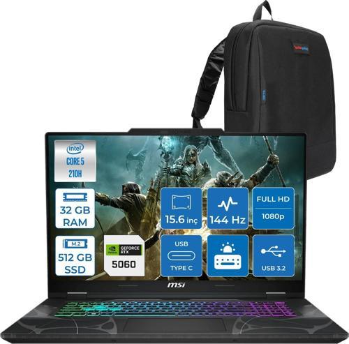 Cyborg 15 Intel Core 5 210H 32GB Ddr5 512GB SSD RTX5060 Gddr7 8gb Freedos 15.6" Fhd (1920X1080) 144HZ Taşınabilir Bilgisayar B2RWFKG207XTRF12 + Zetta Çanta